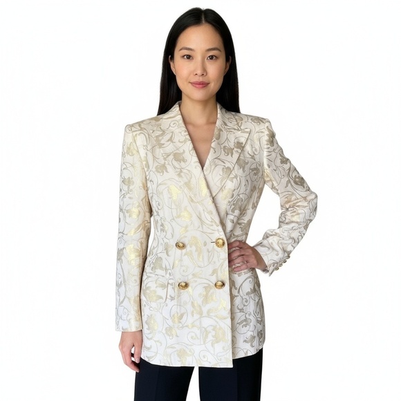 Escada Jackets & Blazers - Escada Womens Cream Gold Brocade Blazer Double Breasted Size 40 (oversized)